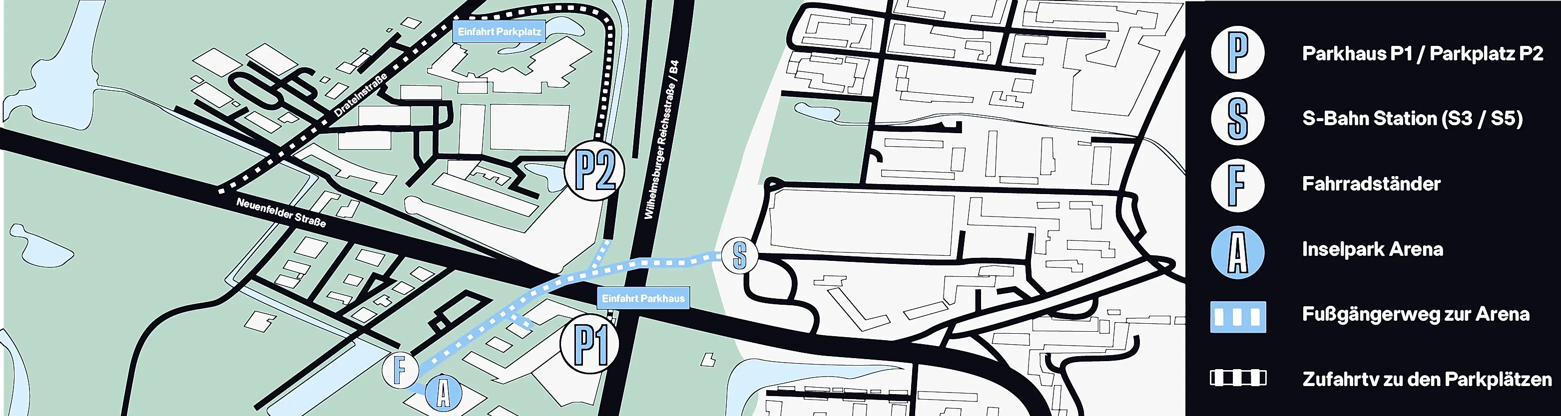 Grafik schmal Zufahrt und Parkplätze Inselpark Arena